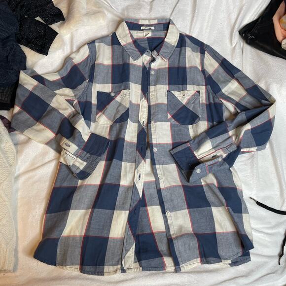 LEVIS Plaid Button Down Longsleeve Red White Blue Shirt Medium Flannel Cotton - Picture 1 of 3